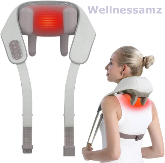 Picture of Wellnessamz Heated neck and shoulder massager, acupressure kneading massager, professional 6D acupressure shoulder massager, simulates human hands to relieve deep tissue pain, dual-mode speed adjustable back